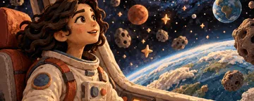 A clay astronaut gazes at Earth through a spacecraft window