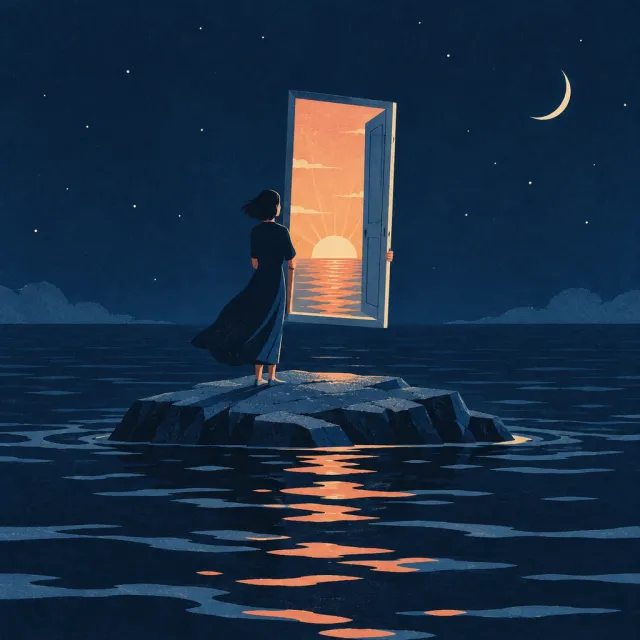 A person holds a doorway containing a warm sunrise above a dark blue sea
