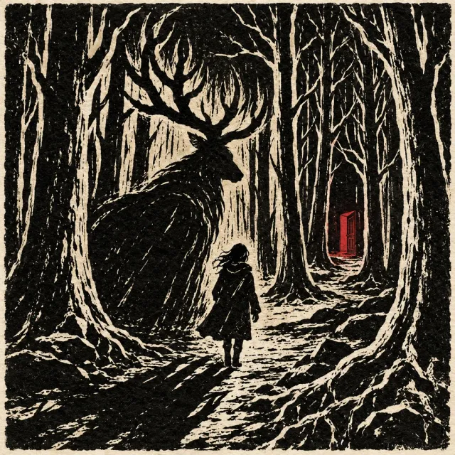 A lone figure and a towering stag-shaped shadow in a black linocut forest with a distant red door