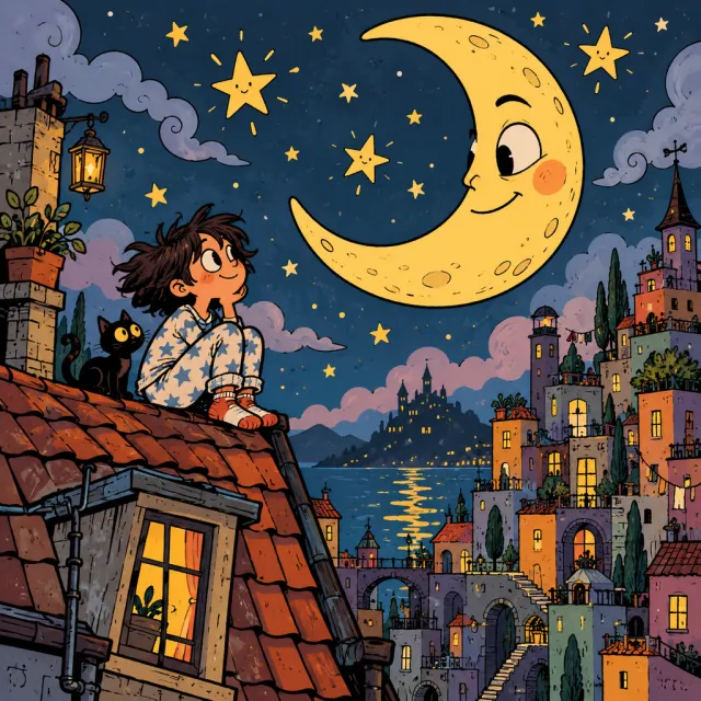 A dreamer and a black cat sit on a rooftop beneath a smiling golden moon