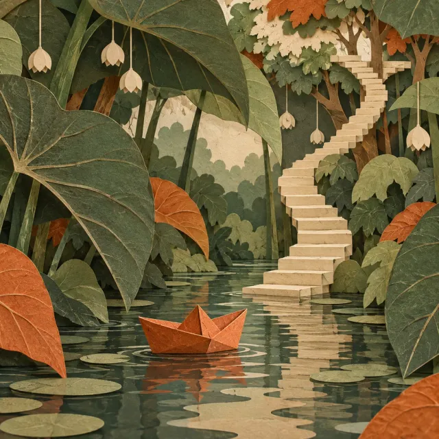 A rust-orange paper boat floats beneath layered green leaves and a cream staircase