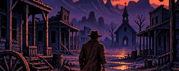 A pixel-art traveler walks through a deserted town at dusk