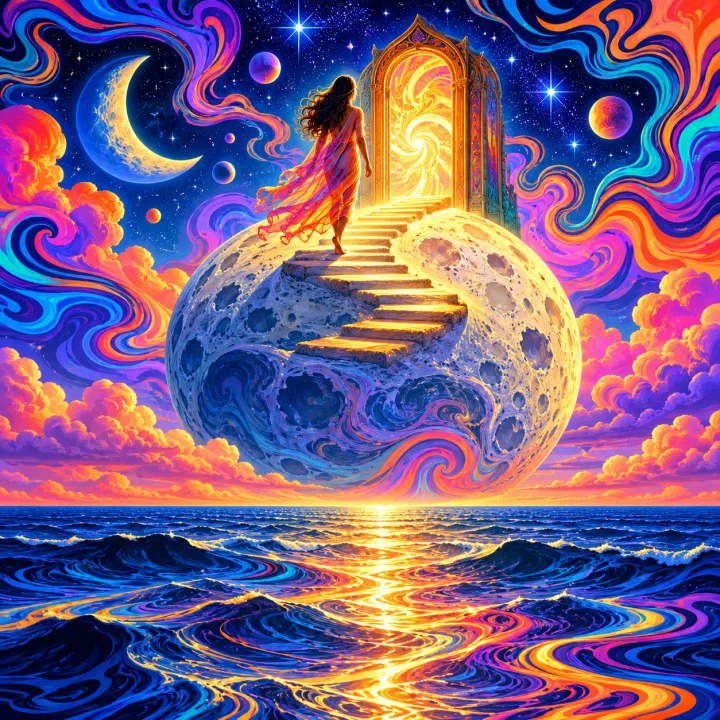 A dreamer climbs a moon toward a glowing doorway amid swirling colors